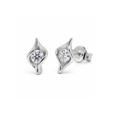 Sterling Silver Rhodium Plated Moissanite Wave Swirl Stud Earrings