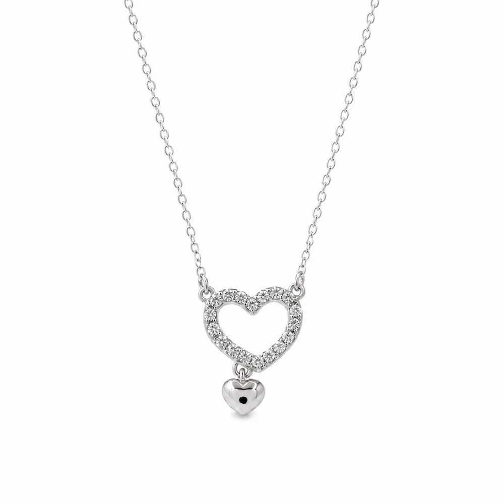 Sterling Silver Two Tone Plated Moissanite Open Heart Dangling Heart Charm Necklace