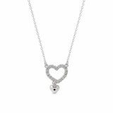Sterling Silver Two Tone Plated Moissanite Open Heart Dangling Heart Charm Necklace