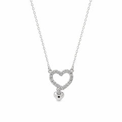 Sterling Silver Two Tone Plated Moissanite Open Heart Dangling Heart Charm Necklace