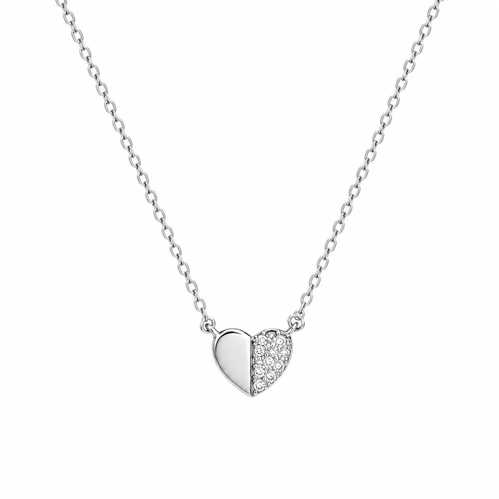 Sterling Silver Rhodium Plated Moissanite Half Pave Heart Pendant Adjustable Necklace
