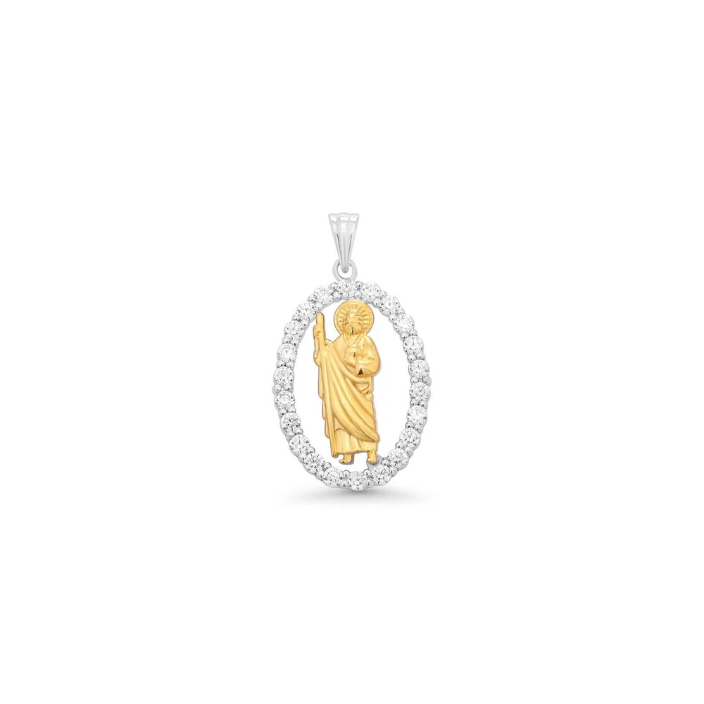 Sterling Silver Two Tone Plated Moissanite Saint Jude Oval Clear Pendant