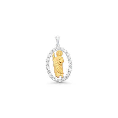 Sterling Silver Two Tone Plated Moissanite Saint Jude Oval Clear Pendant