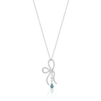 Sterling Silver Rhodium Plated Blue And Clear CZ Bow Necklace