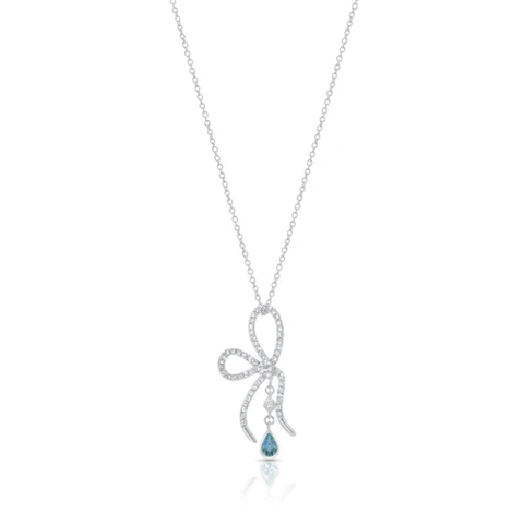 Sterling Silver Rhodium Plated Blue And Clear CZ Bow Necklace