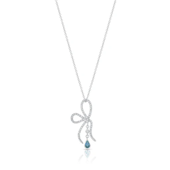 Sterling Silver Rhodium Plated Blue And Clear CZ Bow Necklace