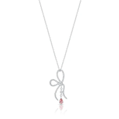 Sterling Silver Rhodium Plated Pink And Clear CZ Bow Necklace