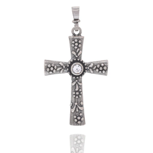 Load image into Gallery viewer, Sterling Silver Oxidized Ornate Floral CZ Center Stone Cross Pendant