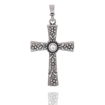 Sterling Silver Oxidized Ornate Floral CZ Center Stone Cross Pendant