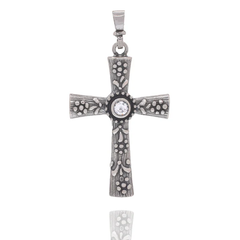 Sterling Silver Oxidized Ornate Floral CZ Center Stone Cross Pendant