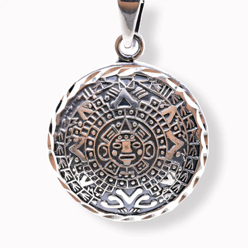 Sterling Silver Oxidized Small Diamond Cut Puffed Aztec Mayan Calendar 3D Pendant