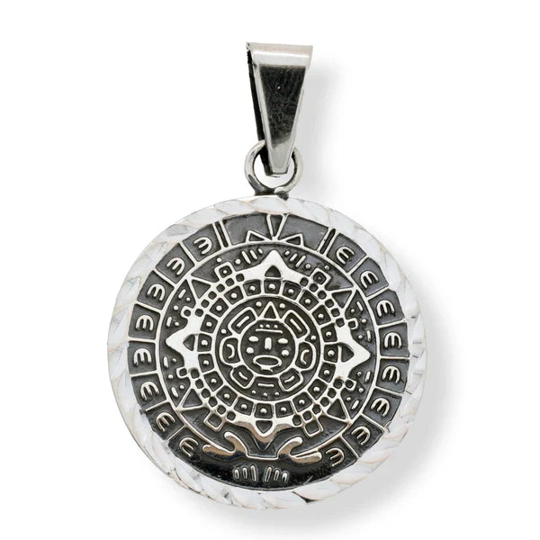 Sterling Silver Oxidized Diamond Cut Flat Aztec Mayan Calendar Pendant