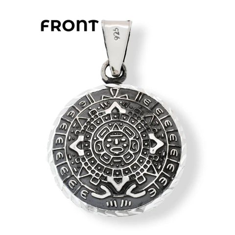 Sterling Silver Oxidized Diamond Cut Puffed Actec Mayan Calendar Double Sided Pendant