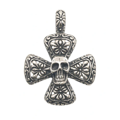 Sterling Silver Oxidized Gothic Skull Cross Pendant