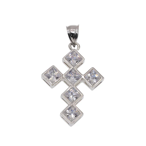 Sterling Silver Rhodium Plated Large Cross With Princess Cut CZ Pendant