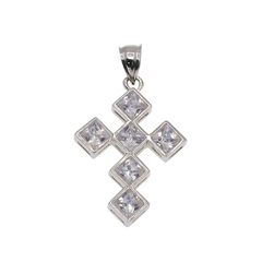 Sterling Silver Rhodium Plated Small Cross With Princess Cut CZ Pendant