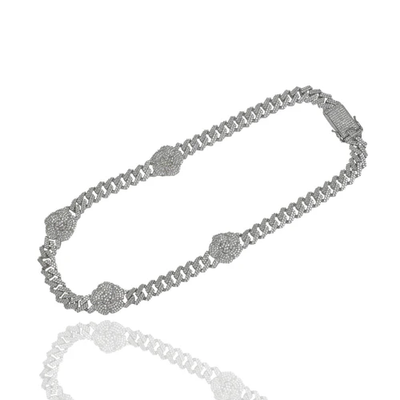 Sterling Silver Rhodium Plated Iced Out Flower Monaco Necklace