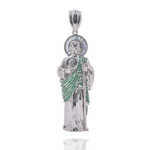 Load image into Gallery viewer, Sterling Silver Rhodium Plated Saint Jude Clear Baguette And Green Round CZ Pendant