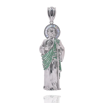 Sterling Silver Rhodium Plated Saint Jude Clear Baguette And Green Round CZ Pendant