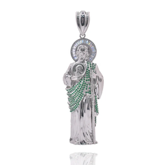 Sterling Silver Rhodium Plated 8.5mm Saint Jude Clear Baguette And Green Round CZ Pendant