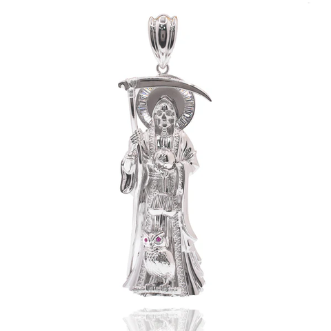 Sterling Silver Rhodium Plated Santa Muerte Baguette Clear CZ Pendant