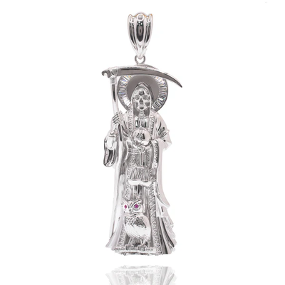 Sterling Silver Rhodium Plated Santa Muerte Baguette Red And Clear CZ Pendant