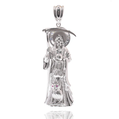Sterling Silver Rhodium Plated Santa Muerte Baguette Red And Clear CZ Pendant