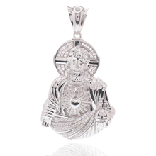 Load image into Gallery viewer, Sterling Silver Rhodium Plated Jesus Christ Sacred Heart Clear CZ Pendant