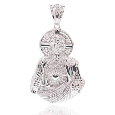 Sterling Silver Rhodium Plated Jesus Christ Sacred Heart Clear CZ Pendant