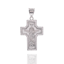 Load image into Gallery viewer, Sterling Silver Rhodium Plated Saint Jude Diamond Cut Cross Clear CZ Pendant