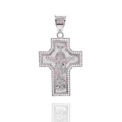 Sterling Silver Rhodium Plated Saint Jude Diamond Cut Cross Clear CZ Pendant