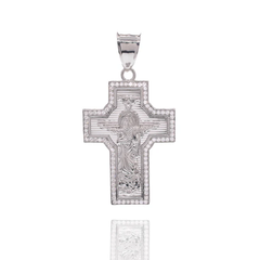 Sterling Silver Rhodium Plated Saint Jude Diamond Cut Cross Clear CZ Pendant