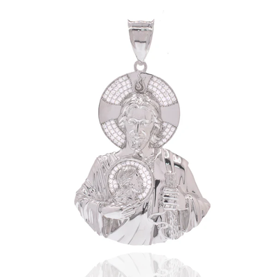 Sterling Silver Rhodium Plated Sacred Heart Jesus Clear CZ Pendant