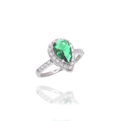 Sterling Silver Rhodium Plated Teardrop Emerald And Clear CZ Ring