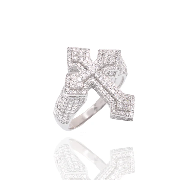 Sterling Silver Rhodium Plated Men's Iced Out Cross Pave CZ Statement Ring
