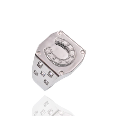 Sterling Silver Rhodium Plated Men's Horseshoe Clear CZ Ring