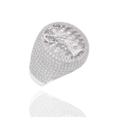 Sterling Silver Rhodium Plated Iced Santa Muerte Statement Clear CZ Ring