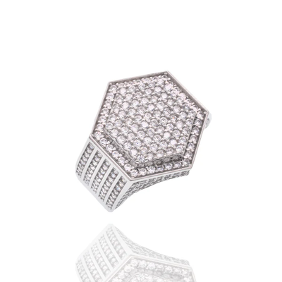 Sterling Silver Rhodium Plated Men's Hexagon Iced Out Clear CZ Statement Ring