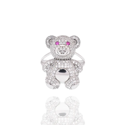 Sterling Silver Rhodium Plated Teddy Bear Red And Clear CZ Ring