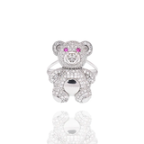 Sterling Silver Rhodium Plated Teddy Bear Red And Clear CZ Ring