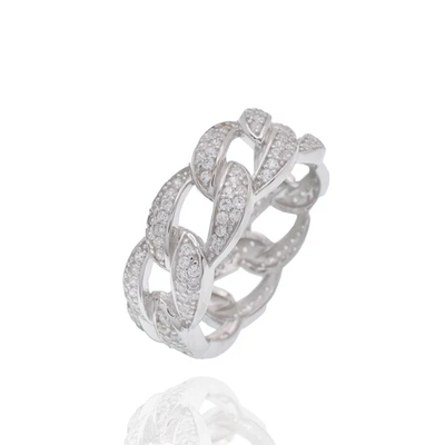 Sterling Silver Rhodium Plated Iced Cuban Link Clear CZ Ring