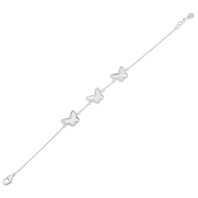 Sterling Silver Rhodium Plated Diamond Cut Three Butterfly Charm Adjustable Bracelet