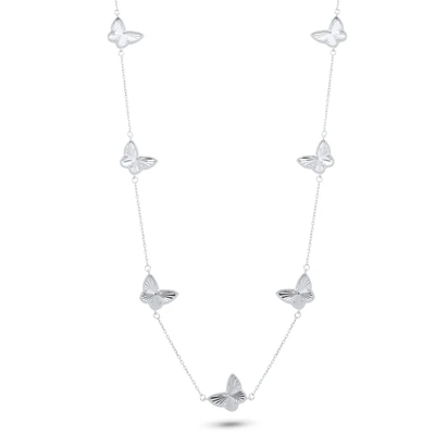 Sterling Silver Rhodium Plated Diamond Cut Multiple Butterfly Charm Adjustable Necklace