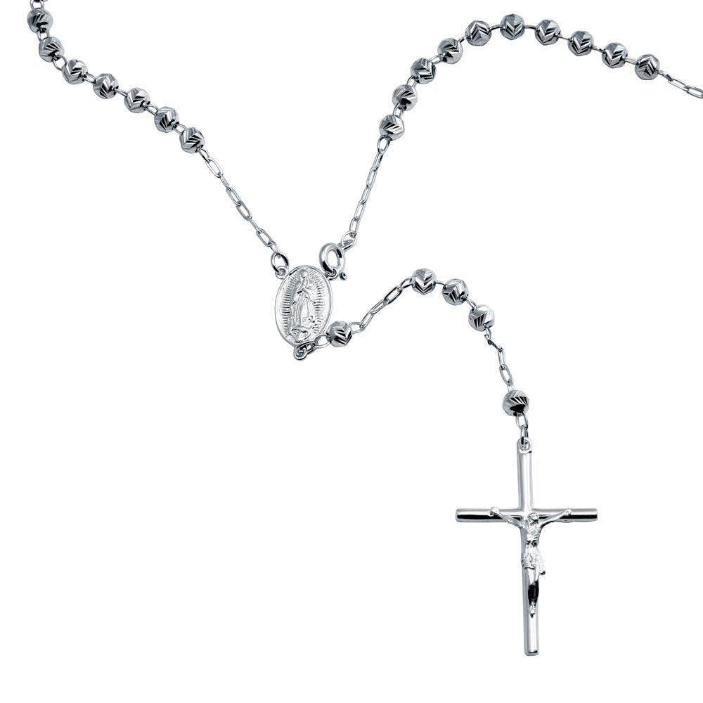 Sterling Silver High Polished Diamond V Cut Beads Rosary Necklace