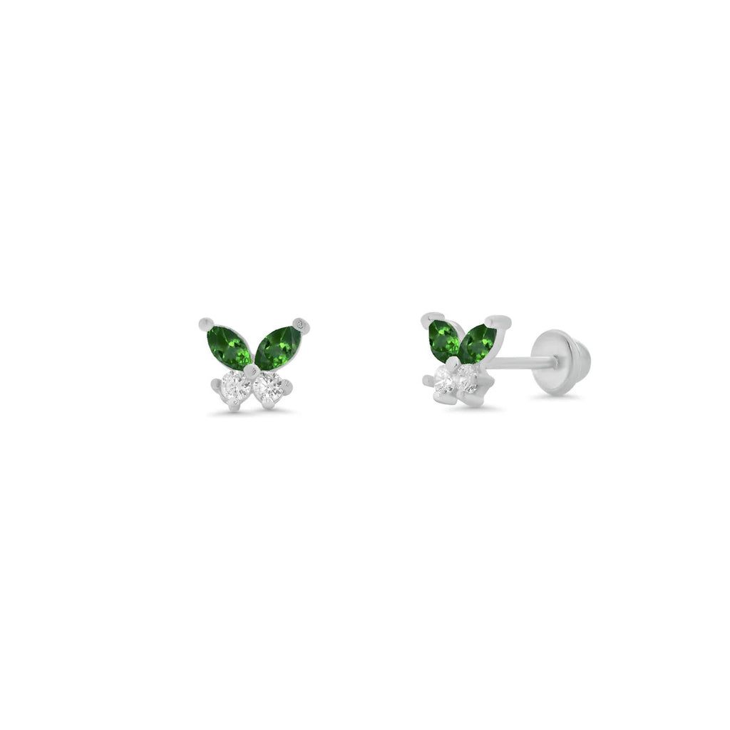 Sterling Silver High Polished Green And Clear CZ Butterfly Earrings