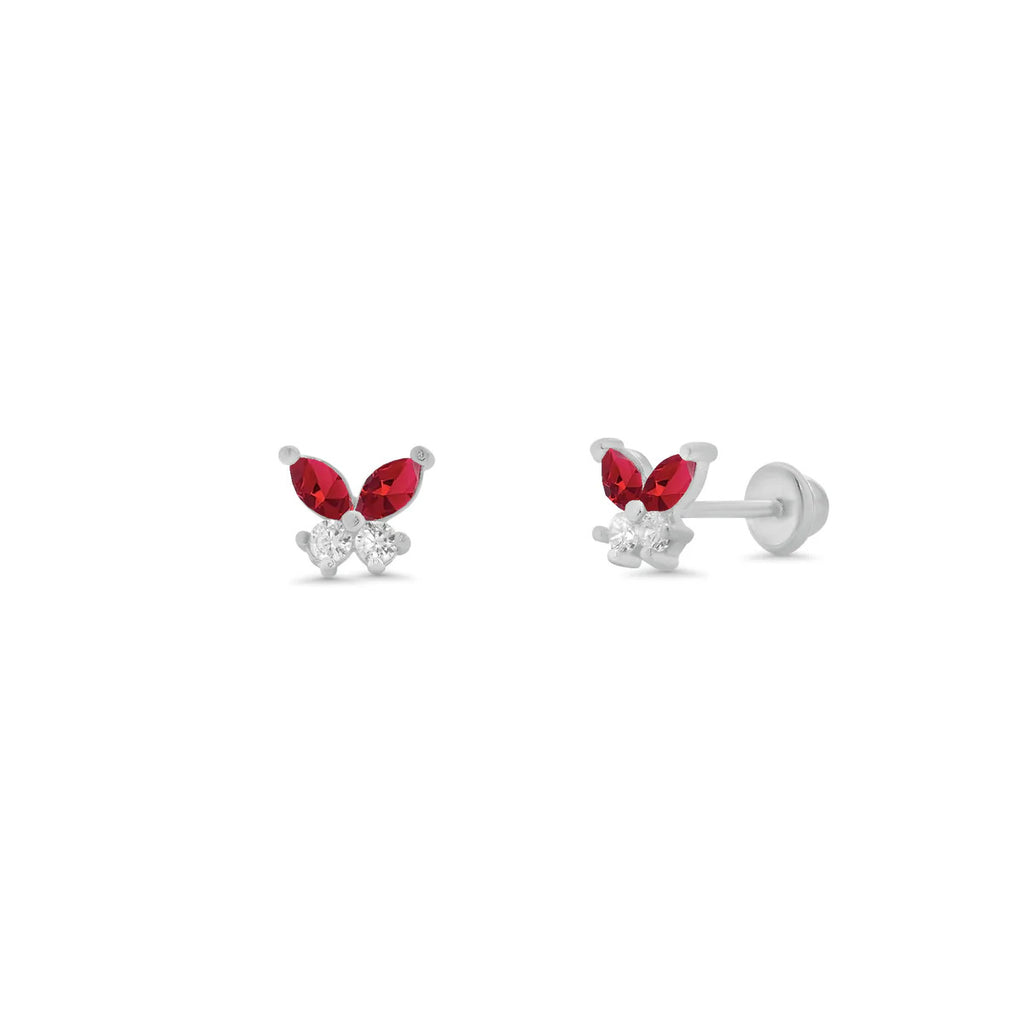 Sterling Silver High Polished Red And Clear CZ Butterfly Earrings