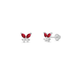 Sterling Silver High Polished Red And Clear CZ Butterfly Earrings