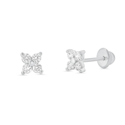 Sterling Silver High Polished CZ Clover Flower Earrings