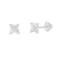 Sterling Silver High Polished CZ Clover Flower Earrings