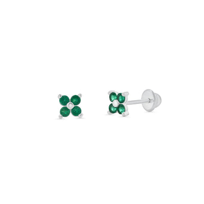 Sterling Silver High Polished Green CZ Clover Flower Earrings